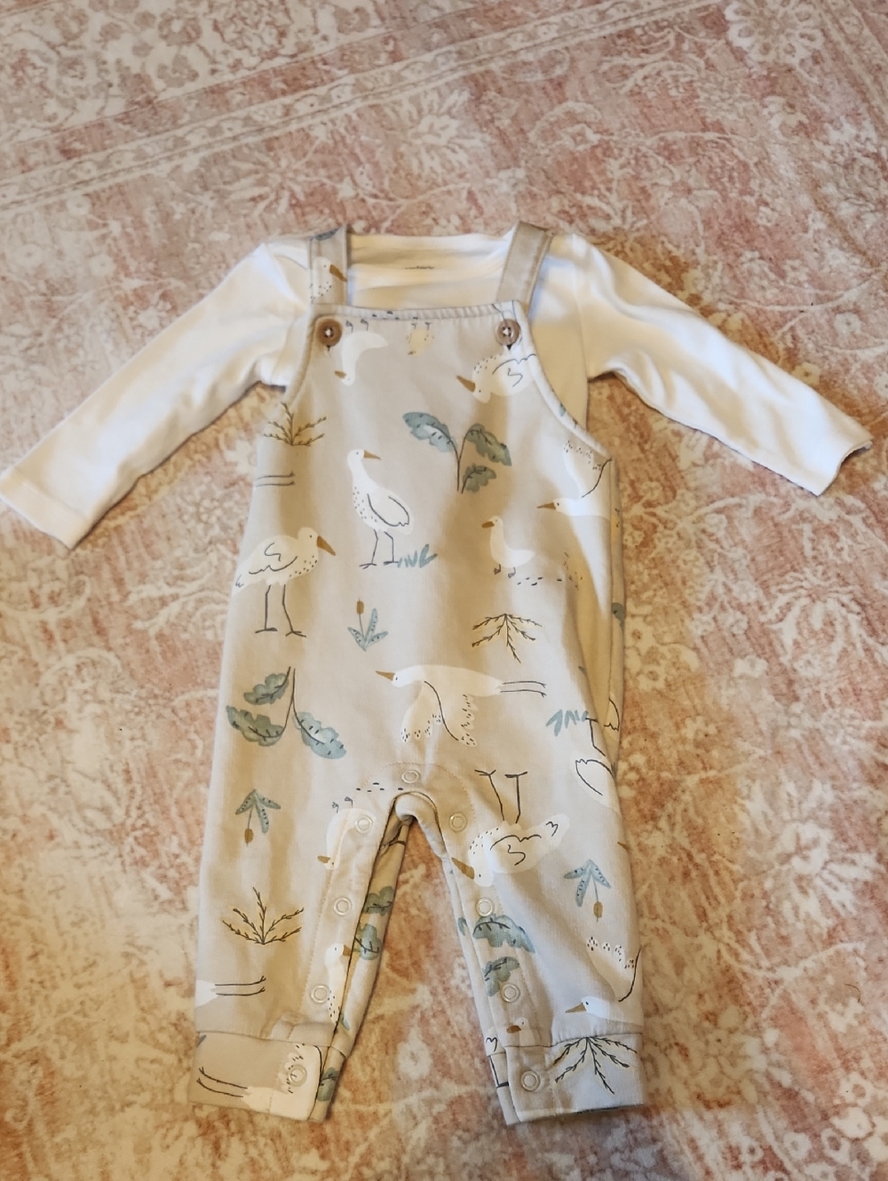 Carter's Beige and White Bird Print Overalls Set
